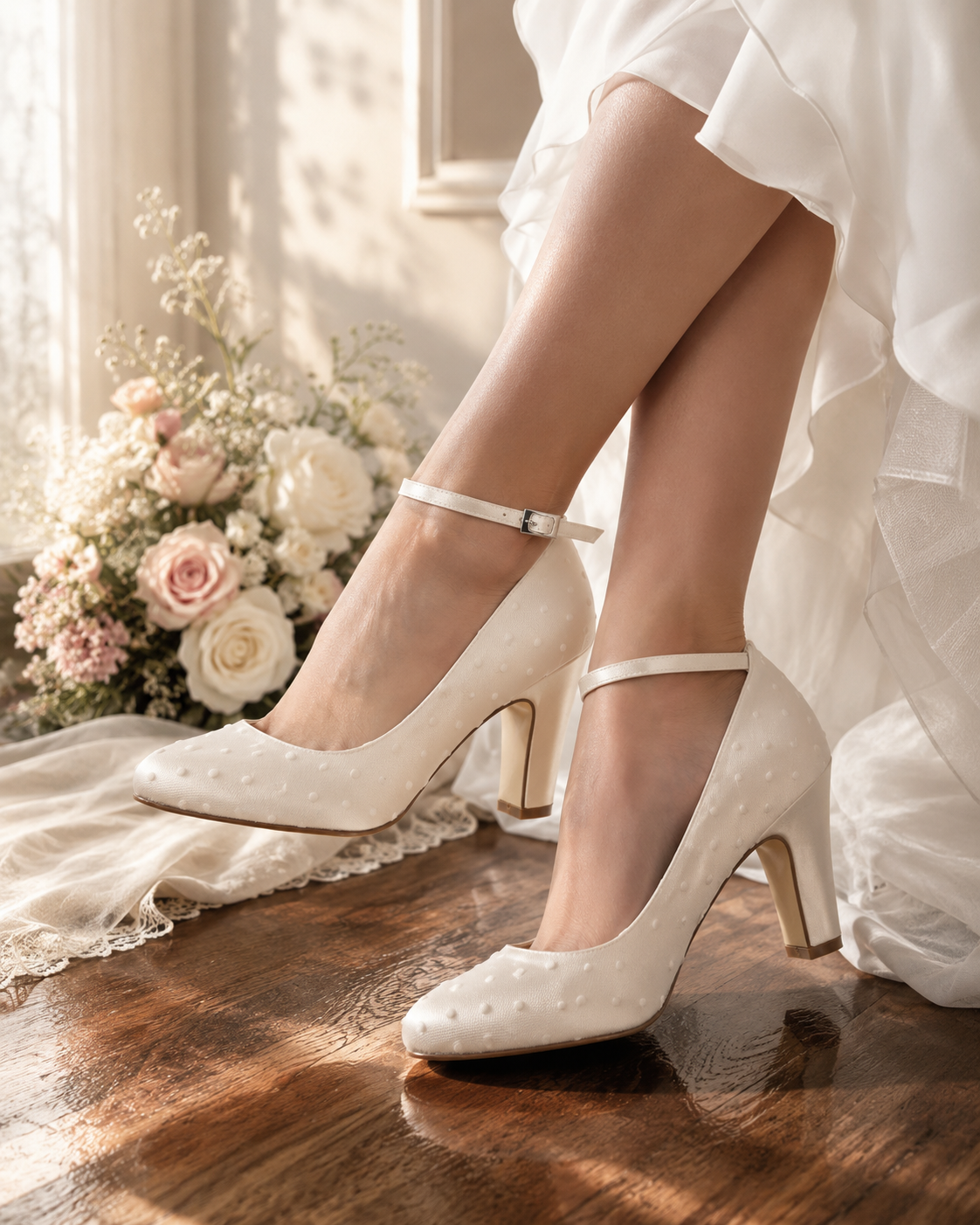 high-heel, ankle-strap, weiße-schuhe, Pünktchen-Textur, Abend-Style