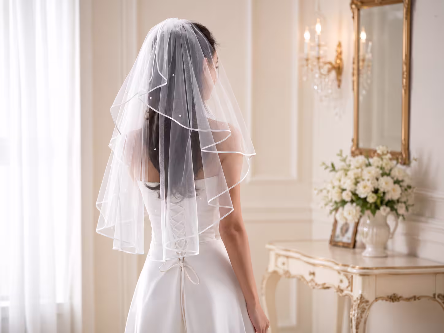 Brautkleid, Hochzeitskleid, Veiling, Hautfarben, Rückenbinde