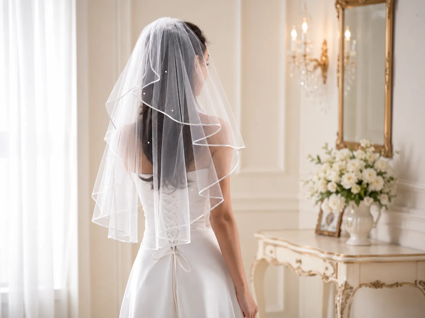 Brautkleid, Hochzeitskleid, Veiling, Hautfarben, Rückenbinde