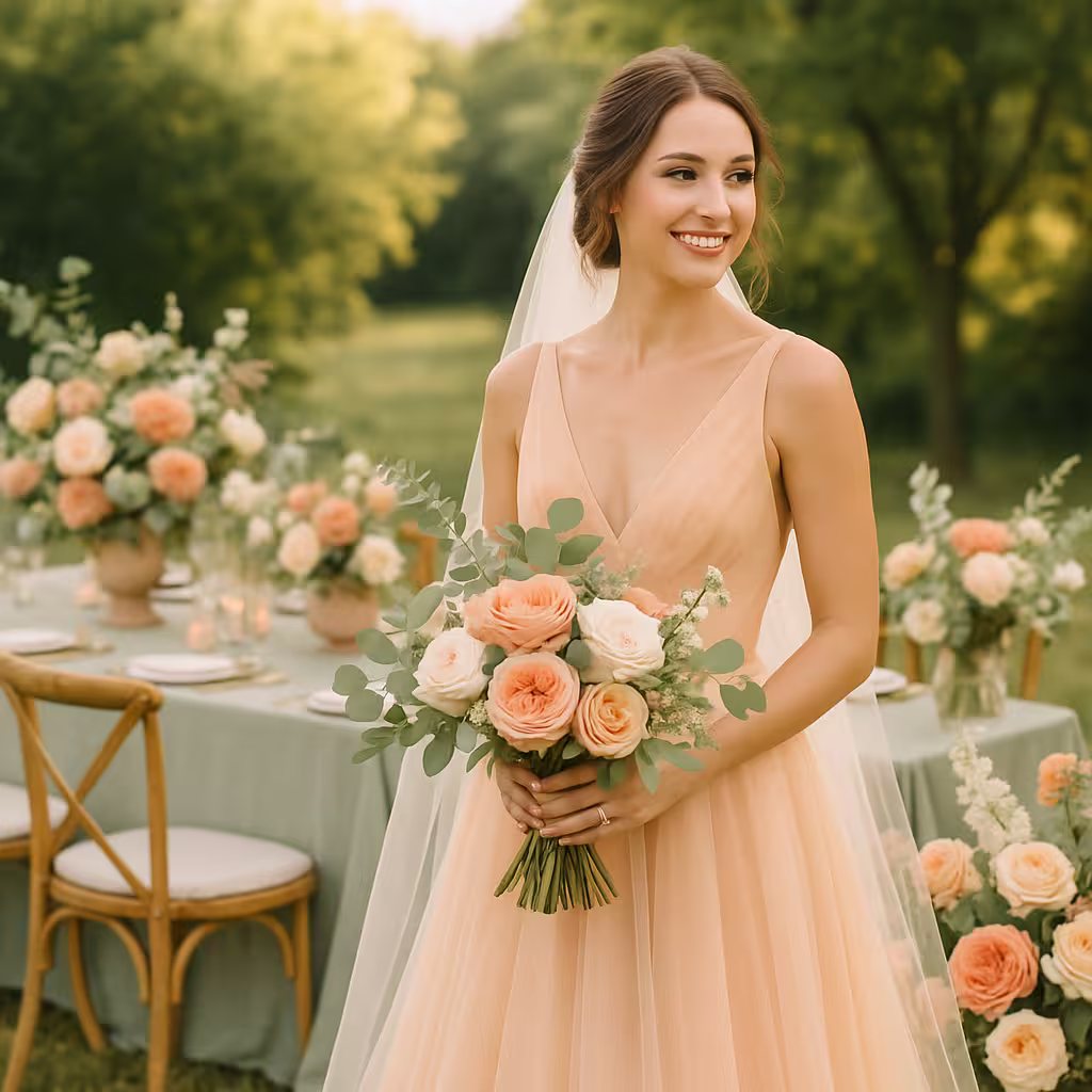 Blumen-Arrangement, Blumenstrauß, Kleid, Braut, Person