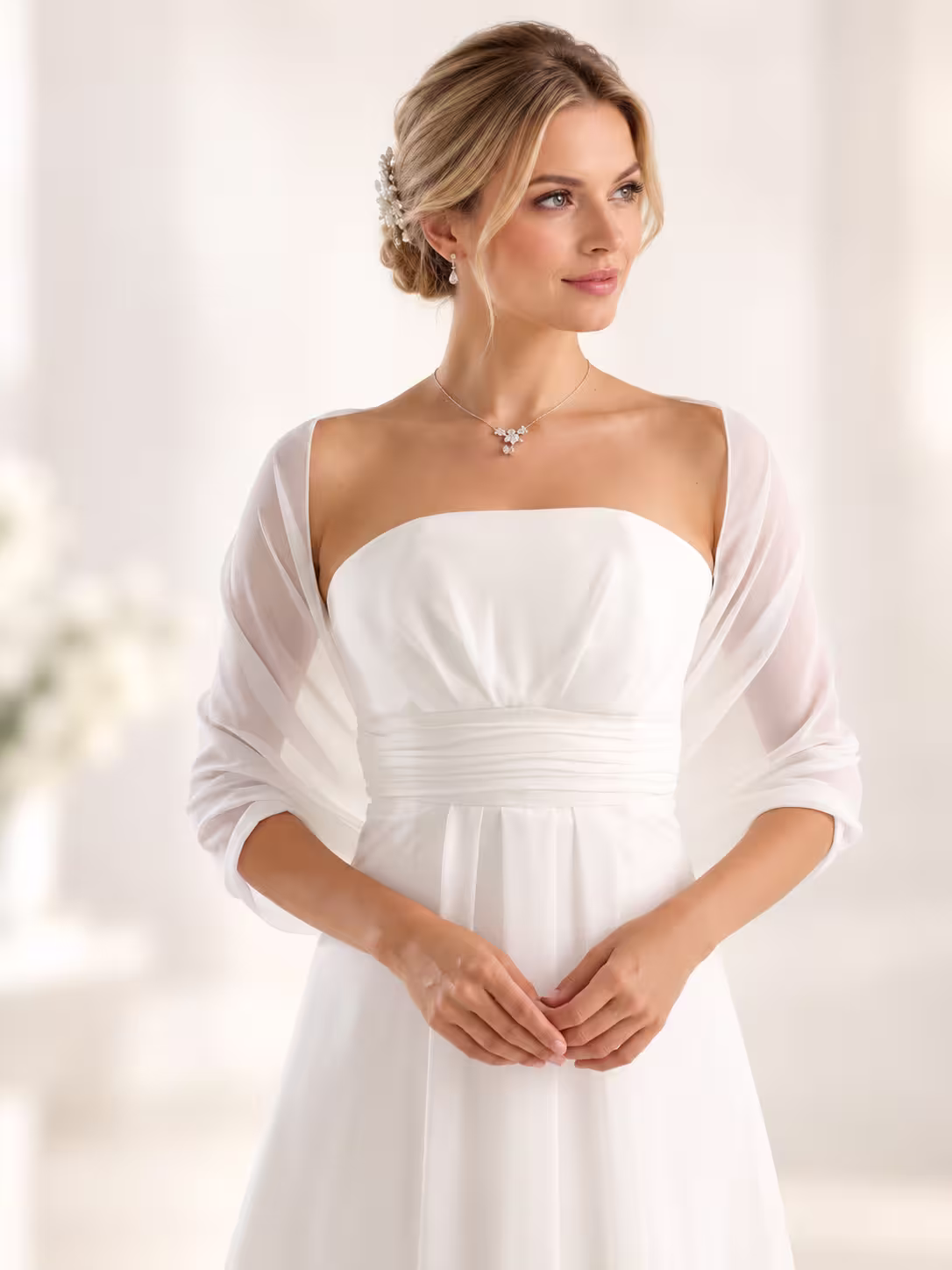 Brautkleid, Halterlos, Weiß, Chiffon, Rückenausschnitt
